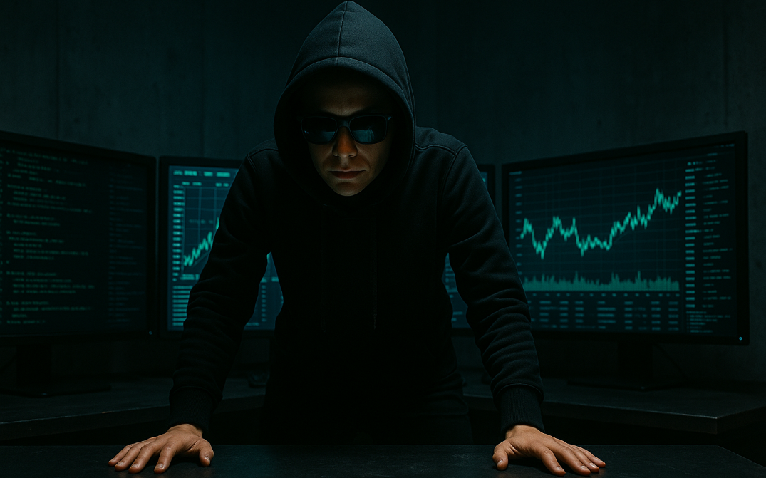 An anonymous hacker trading crypto in a dark room